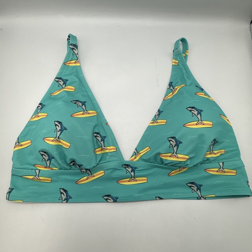 MeUndies Bikini 2Piece Swim Top SIZE XL Sharks On Surfboards Blue Novelty Print